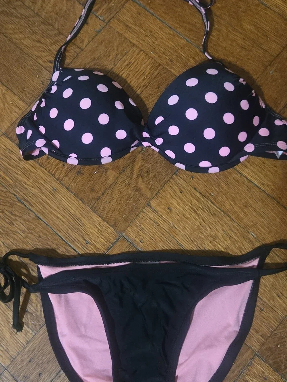 Xhilaration Black Bikini with Pink Polka Dots - Tie Side Set